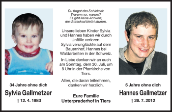 Traueranzeige von Sylvia Gallmetzer von Dolomiten