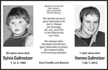 Traueranzeige von Sylvia Gallmetzer von Dolomiten