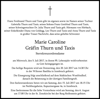Traueranzeige von Marie Caroline von Thurn und Taxis von Dolomiten