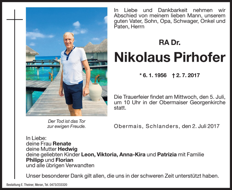  Traueranzeige für Nikolaus Pirhofer vom 04.07.2017 aus Dolomiten