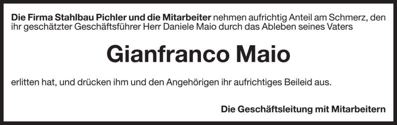  Traueranzeige für Gianfranco Maio vom 08.08.2017 aus Dolomiten