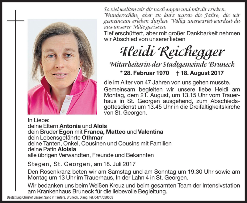  Traueranzeige für Heidi Reichegger vom 19.08.2017 aus Dolomiten