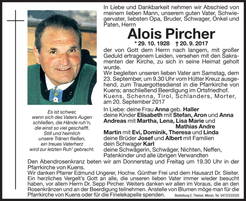  Traueranzeige für Alois Pircher vom 21.09.2017 aus Dolomiten