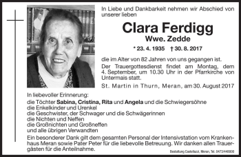 Traueranzeige von Clara Zedde von Dolomiten