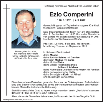 Traueranzeige von Ezio Comperini von Dolomiten