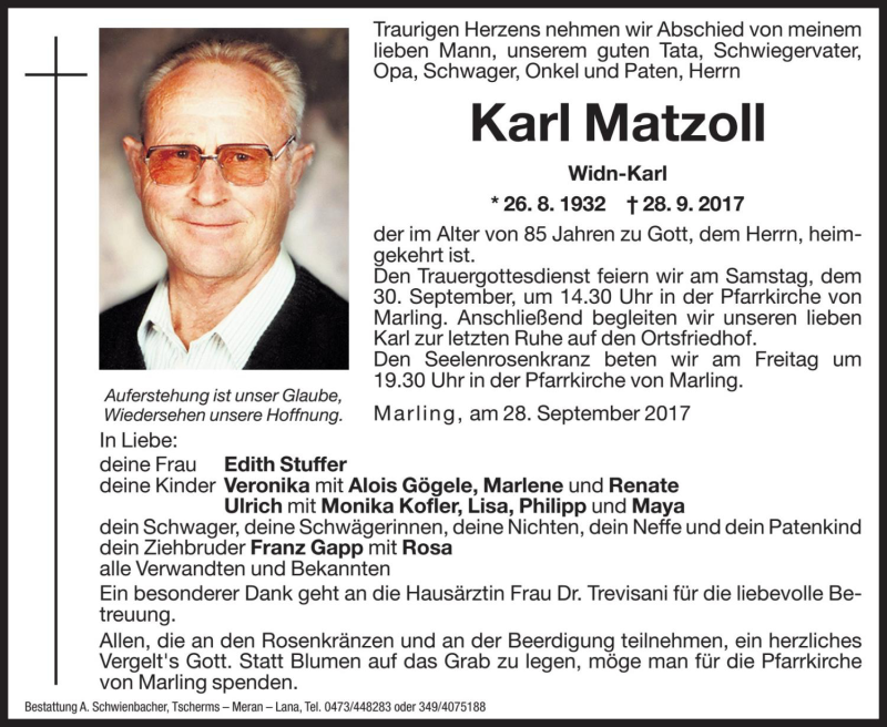  Traueranzeige für Karl Matzoll vom 29.09.2017 aus Dolomiten