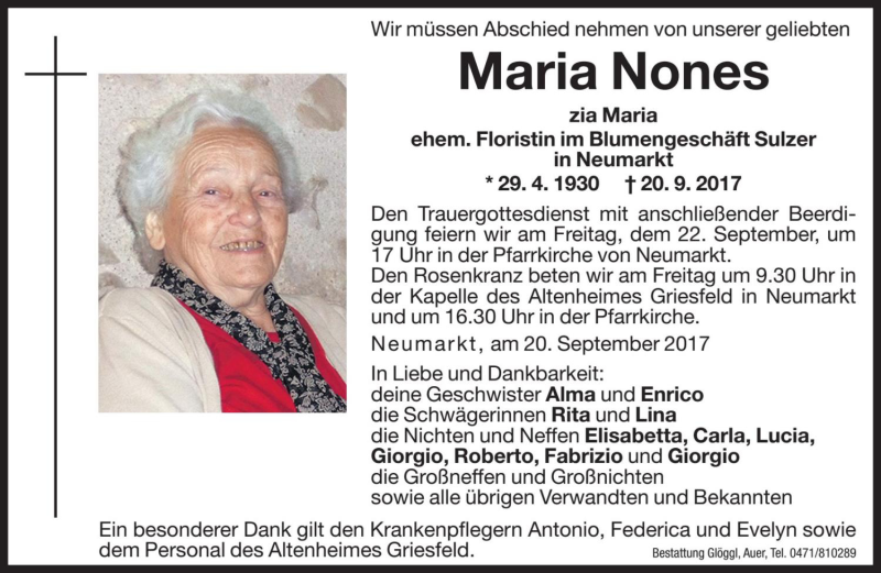  Traueranzeige für Maria Nones vom 21.09.2017 aus Dolomiten