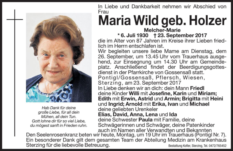  Traueranzeige für Maria Wild vom 25.09.2017 aus Dolomiten