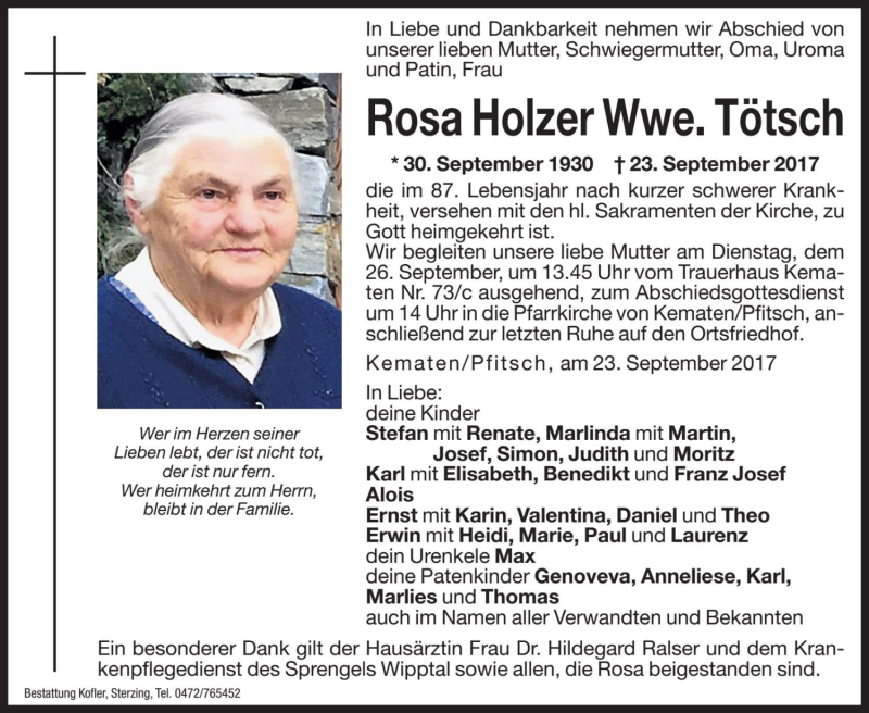  Traueranzeige für Rosa Tötsch vom 25.09.2017 aus Dolomiten