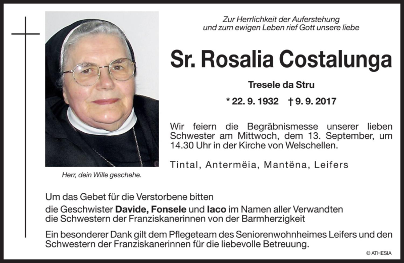  Traueranzeige für Rosalia Costalunga vom 12.09.2017 aus Dolomiten