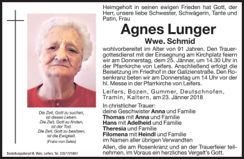 Traueranzeige von Agnes Schmid von Dolomiten