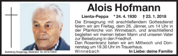 Traueranzeige von Alois Hofmann von Dolomiten