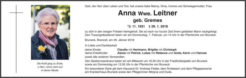  Traueranzeige für Anna Leitner vom 30.01.2018 aus Dolomiten