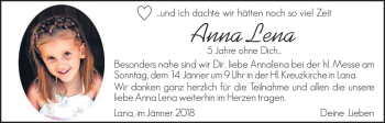 Traueranzeige von Anna Lena Hofer von Dolomiten