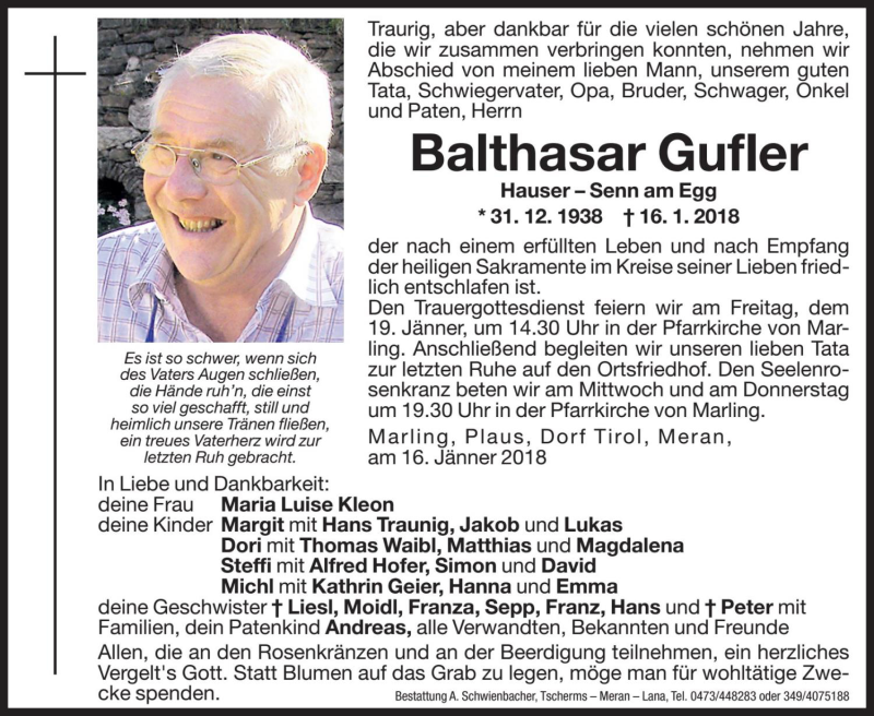  Traueranzeige für Balthasar Gufler vom 17.01.2018 aus Dolomiten