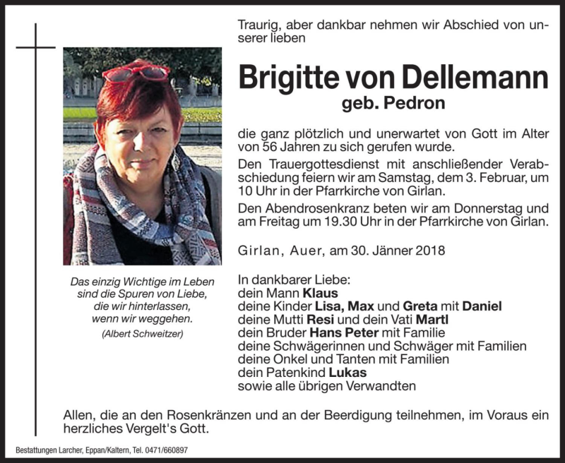  Traueranzeige für Brigitte von Dellemann vom 31.01.2018 aus Dolomiten