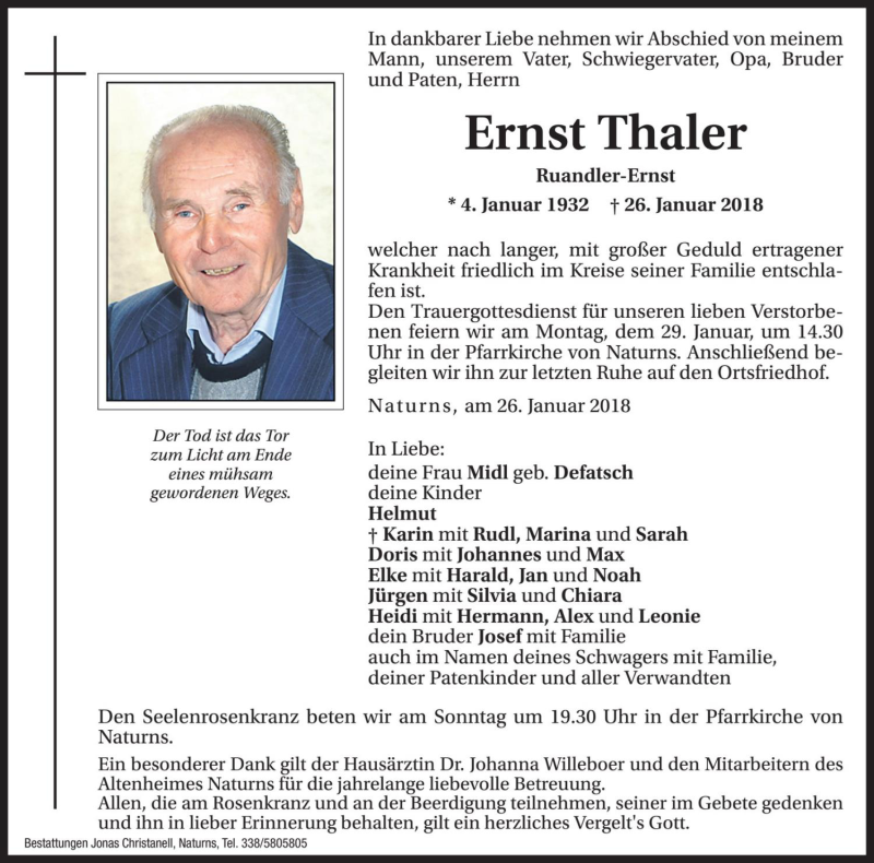  Traueranzeige für Ernst Thaler vom 27.01.2018 aus Dolomiten