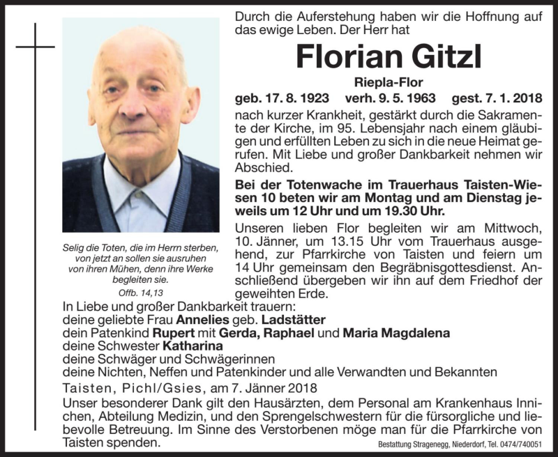  Traueranzeige für Florian Gitzl vom 08.01.2018 aus Dolomiten