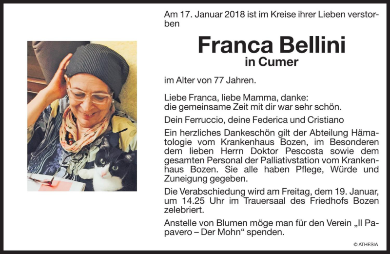  Traueranzeige für Franca Cumer vom 18.01.2018 aus Dolomiten