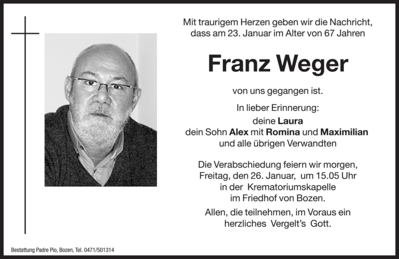  Traueranzeige für Franz Weger vom 25.01.2018 aus Dolomiten