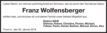Traueranzeige von Franz Wolfensberger von Dolomiten