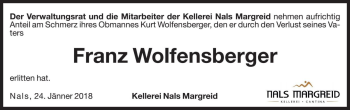 Traueranzeige von Franz Wolfensberger von Dolomiten