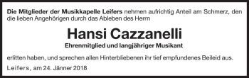 Traueranzeige von Hansi Cazzanelli von Dolomiten