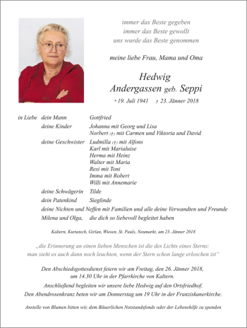 Traueranzeige von Hedwig Andergassen von Dolomiten