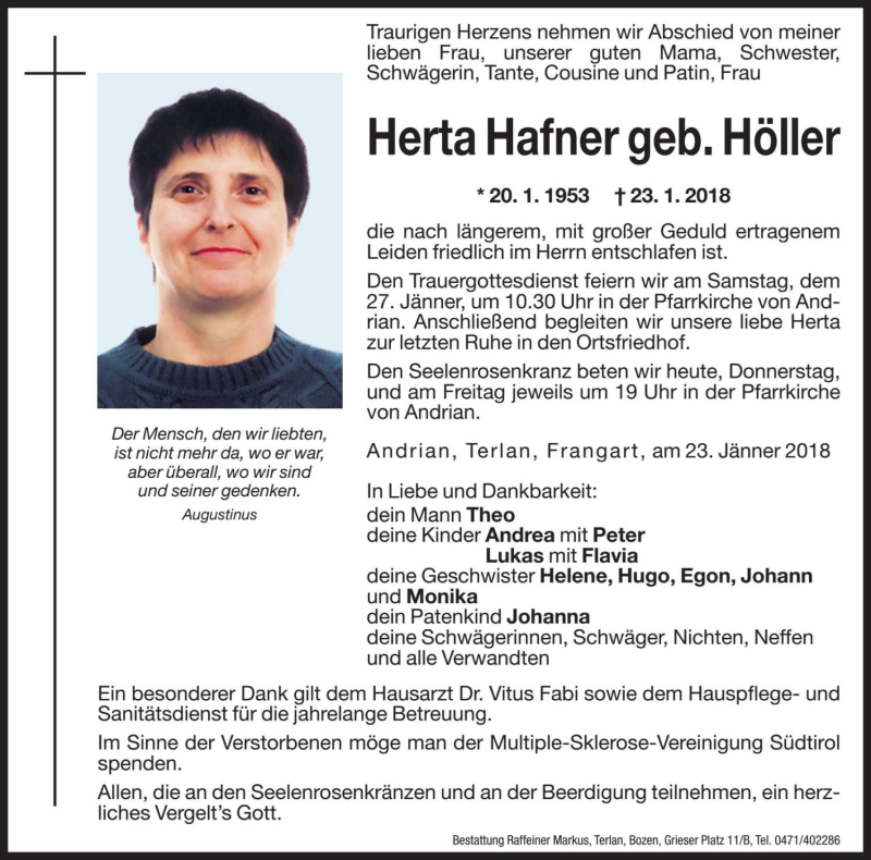  Traueranzeige für Herta Hafner vom 25.01.2018 aus Dolomiten