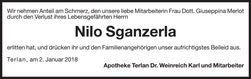  Traueranzeige für Nilo Sganzerla vom 02.01.2018 aus Dolomiten