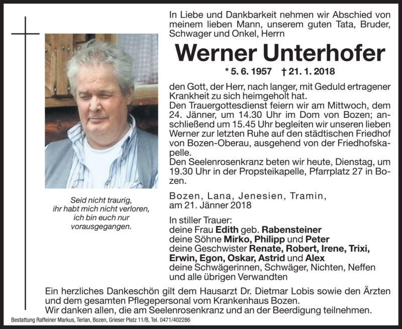  Traueranzeige für Werner Unterhofer vom 23.01.2018 aus Dolomiten