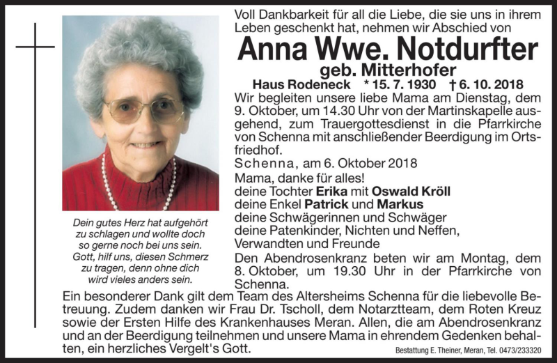  Traueranzeige für Anna Notdurfter vom 08.10.2018 aus Dolomiten