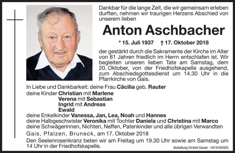  Traueranzeige für Anton Aschbacher vom 19.10.2018 aus Dolomiten
