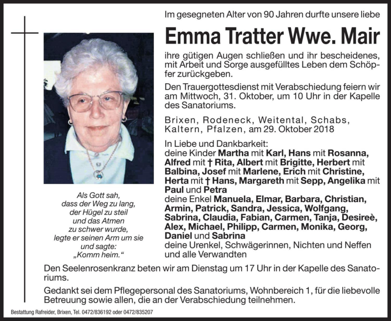  Traueranzeige für Emma Mair vom 30.10.2018 aus Dolomiten