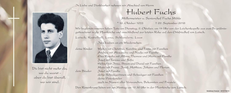 Traueranzeige für Hubert Fuchs vom 01.10.2018 aus Dolomiten