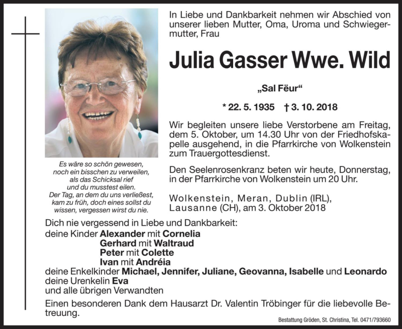  Traueranzeige für Julia Wild vom 04.10.2018 aus Dolomiten