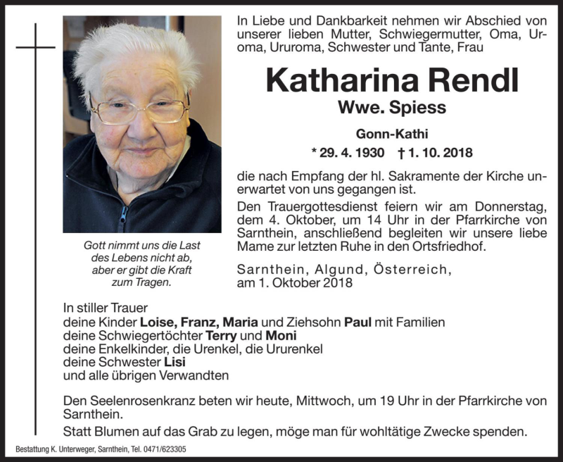  Traueranzeige für Katharina Spiess vom 03.10.2018 aus Dolomiten