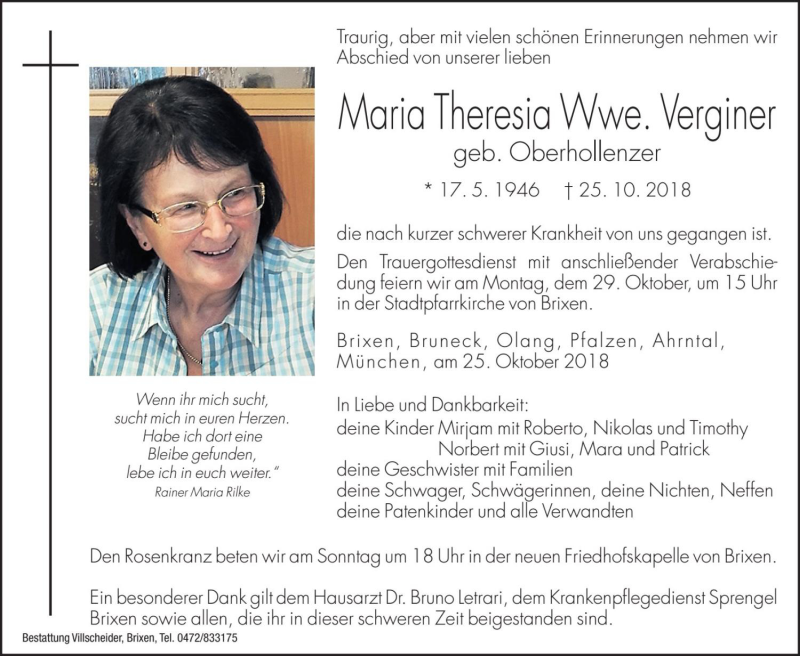  Traueranzeige für Maria Theresia Verginer vom 27.10.2018 aus Dolomiten