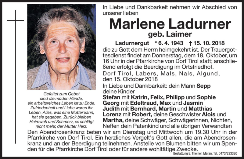  Traueranzeige für Marlene Ladurner vom 16.10.2018 aus Dolomiten