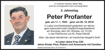 Traueranzeige von Peter Profanter von Dolomiten