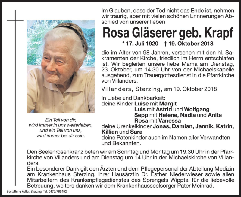 Traueranzeige für Rosa Gläserer vom 20.10.2018 aus Dolomiten