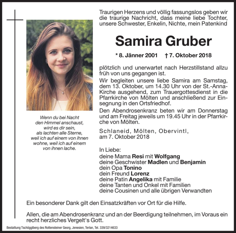 Traueranzeigen von Samira Gruber | Trauer.bz