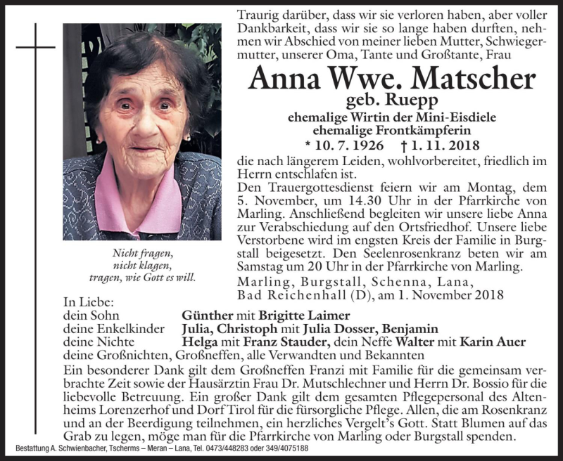  Traueranzeige für Anna Matscher vom 03.11.2018 aus Dolomiten
