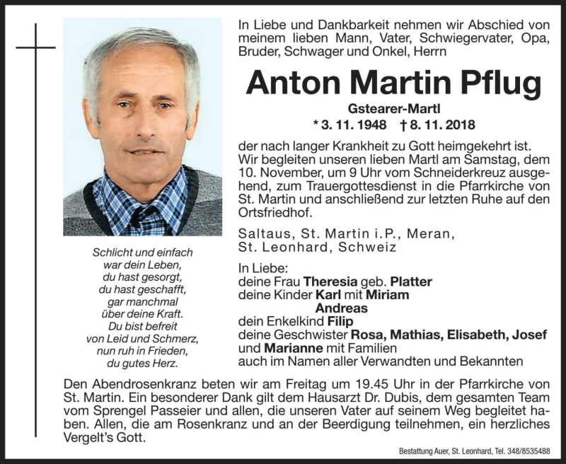  Traueranzeige für Anton Martin Pflug vom 09.11.2018 aus Dolomiten