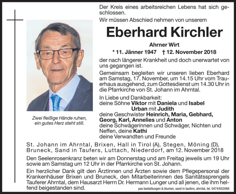  Traueranzeige für Eberhard Kirchler vom 15.11.2018 aus Dolomiten