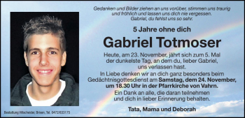 Traueranzeige von Gabriel Totmoser von Dolomiten