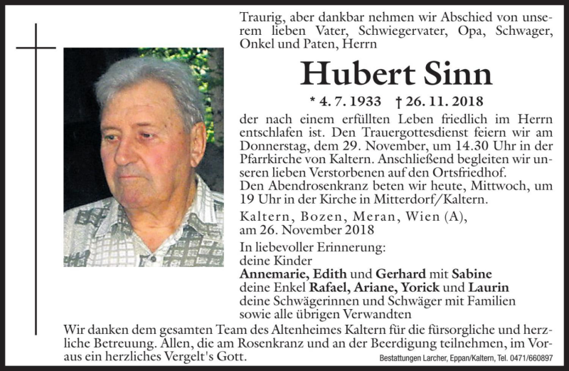 Traueranzeige für Hubert Sinn vom 28.11.2018 aus Dolomiten