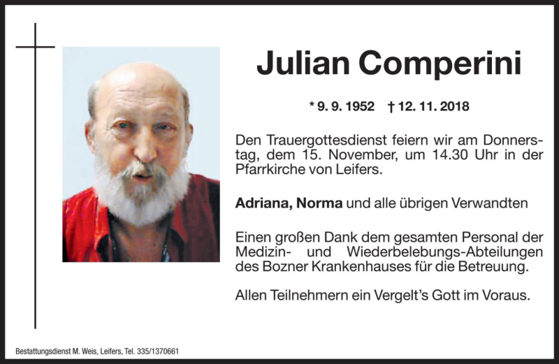  Traueranzeige für Julian Comperini vom 14.11.2018 aus Dolomiten