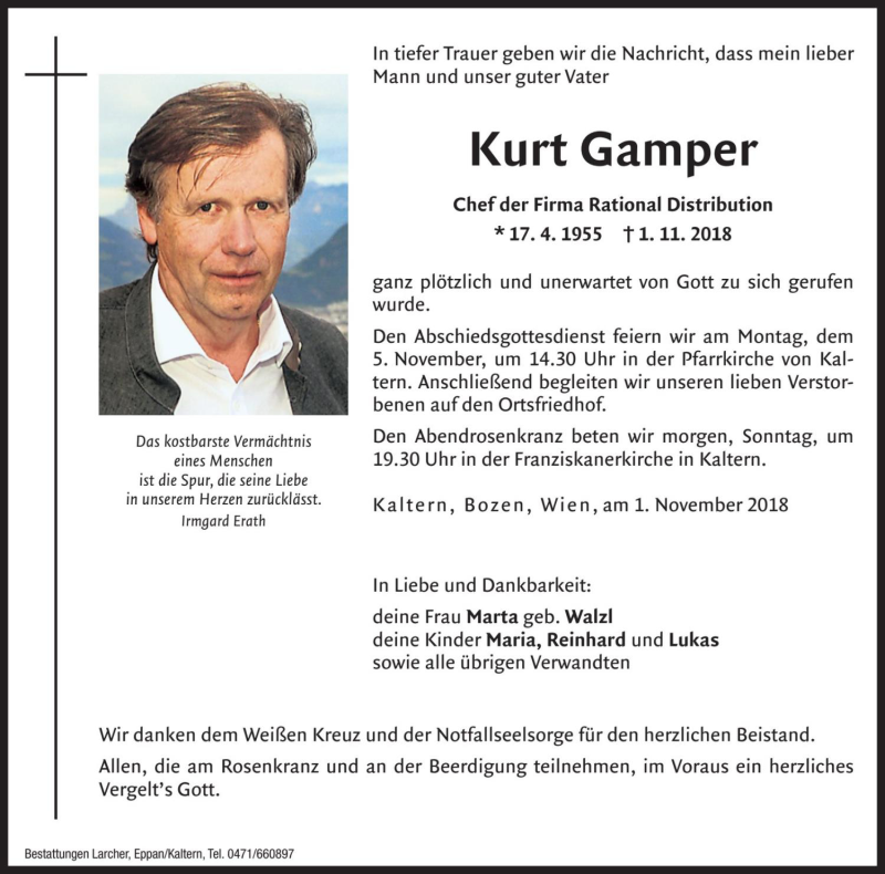  Traueranzeige für Kurt Gamper vom 03.11.2018 aus Dolomiten