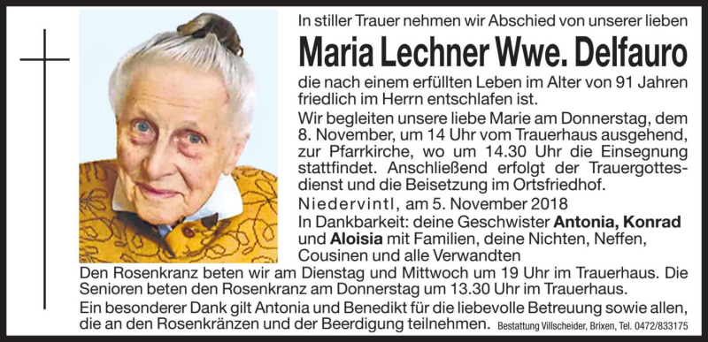  Traueranzeige für Maria Delfauro vom 06.11.2018 aus Dolomiten